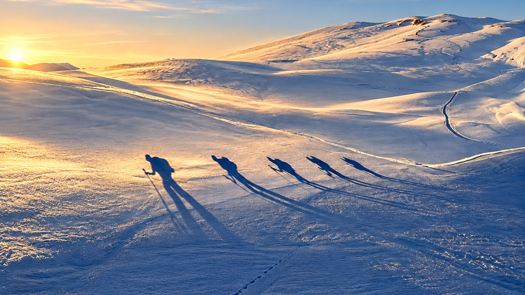 fuenf-skitourenschatten-im-goldenen-morgenlicht