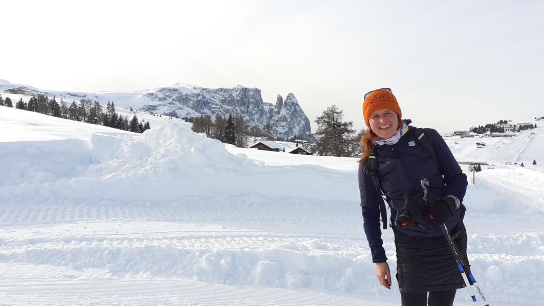 Ariane Lazzeri cross-country skiing on the Seiser Alm